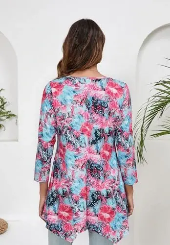 ENMAIN Tunic Tops for Women 3/4 Sleeve Plus Size Women's Tunics Loose Fit Floral Swing Flare Ladies Blouse for Leggings - 2