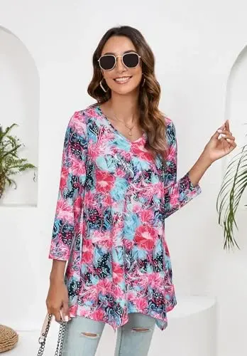 ENMAIN Tunic Tops for Women 3/4 Sleeve Plus Size Women's Tunics Loose Fit Floral Swing Flare Ladies Blouse for Leggings - 5