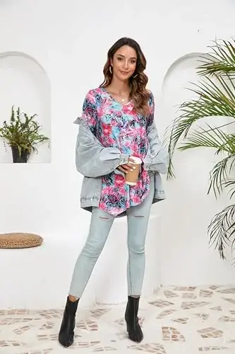 ENMAIN Tunic Tops for Women 3/4 Sleeve Plus Size Women's Tunics Loose Fit Floral Swing Flare Ladies Blouse for Leggings - 6