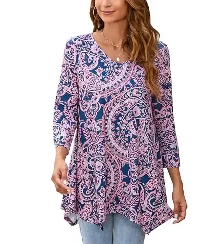 ENMAIN Tunic Tops for Women 3/4 Sleeve Plus Size Women's Tunics Loose Fit Floral Swing Flare Ladies Blouse for Leggings - 1