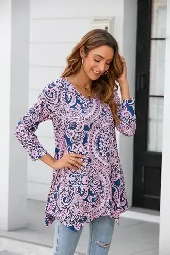 ENMAIN Tunic Tops for Women 3/4 Sleeve Plus Size Women's Tunics Loose Fit Floral Swing Flare Ladies Blouse for Leggings - 3