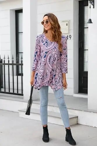 ENMAIN Tunic Tops for Women 3/4 Sleeve Plus Size Women's Tunics Loose Fit Floral Swing Flare Ladies Blouse for Leggings - 5