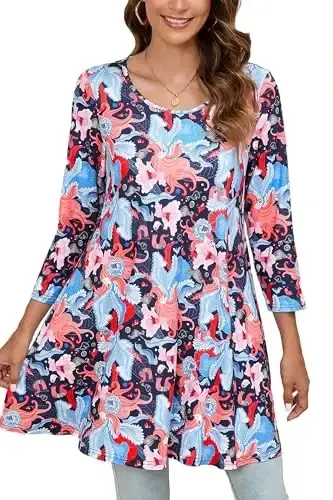 ENMAIN Tunic Tops for Women 3/4 Sleeve Plus Size Women's Tunics Loose Fit Floral Swing Flare Ladies Blouse for Leggings - ENMAIN