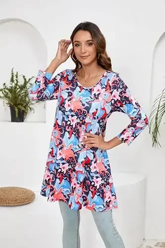 ENMAIN Tunic Tops for Women 3/4 Sleeve Plus Size Women's Tunics Loose Fit Floral Swing Flare Ladies Blouse for Leggings - 5