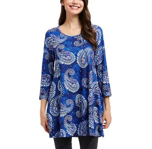 ENMAIN Tunic Tops for Women 3/4 Sleeve Plus Size Women's Tunics Loose Fit Floral Swing Flare Ladies Blouse for Leggings - ENMAIN