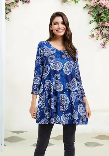 ENMAIN Tunic Tops for Women 3/4 Sleeve Plus Size Women's Tunics Loose Fit Floral Swing Flare Ladies Blouse for Leggings - 3