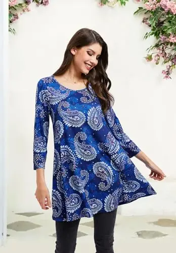 ENMAIN Tunic Tops for Women 3/4 Sleeve Plus Size Women's Tunics Loose Fit Floral Swing Flare Ladies Blouse for Leggings - 5