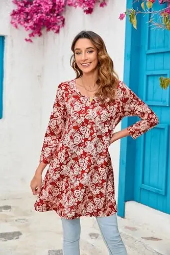 ENMAIN Tunic Tops for Women 3/4 Sleeve Plus Size Women's Tunics Loose Fit Floral Swing Flare Ladies Blouse for Leggings - 3