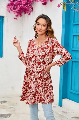 ENMAIN Tunic Tops for Women 3/4 Sleeve Plus Size Women's Tunics Loose Fit Floral Swing Flare Ladies Blouse for Leggings - 5