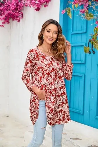 ENMAIN Tunic Tops for Women 3/4 Sleeve Plus Size Women's Tunics Loose Fit Floral Swing Flare Ladies Blouse for Leggings - 4