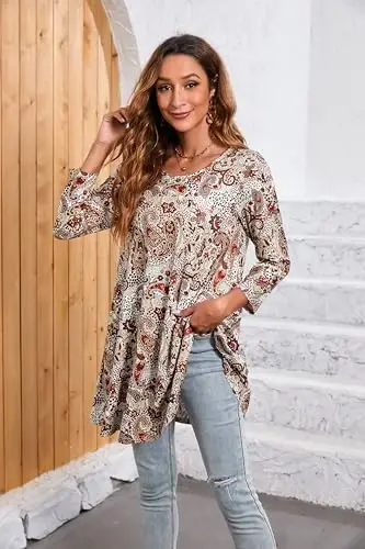 ENMAIN Tunic Tops for Women 3/4 Sleeve Plus Size Women's Tunics Loose Fit Floral Swing Flare Ladies Blouse for Leggings - 4