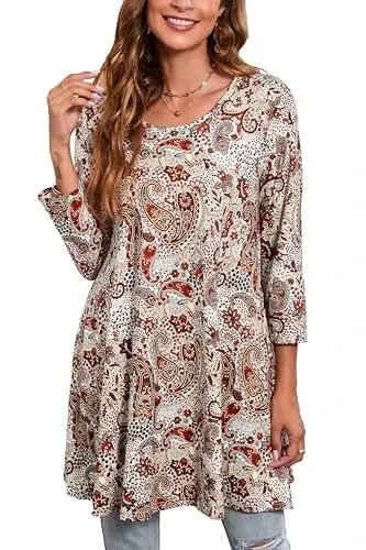 ENMAIN Tunic Tops for Women 3/4 Sleeve Plus Size Women's Tunics Loose Fit Floral Swing Flare Ladies Blouse for Leggings - MODAZONE