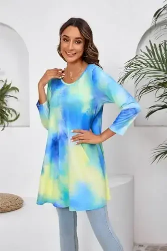 ENMAIN Tunic Tops for Women 3/4 Sleeve Plus Size Women's Tunics Loose Fit Floral Swing Flare Ladies Blouse for Leggings - 4