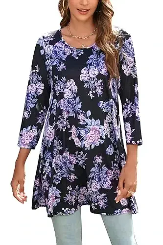 ENMAIN Tunic Tops for Women 3/4 Sleeve Plus Size Women's Tunics Loose Fit Floral Swing Flare Ladies Blouse for Leggings - ENMAIN