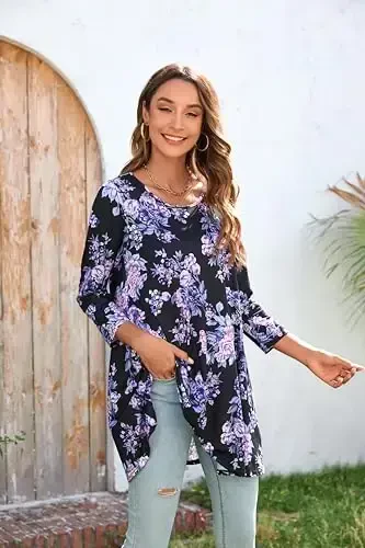 ENMAIN Tunic Tops for Women 3/4 Sleeve Plus Size Women's Tunics Loose Fit Floral Swing Flare Ladies Blouse for Leggings - 4