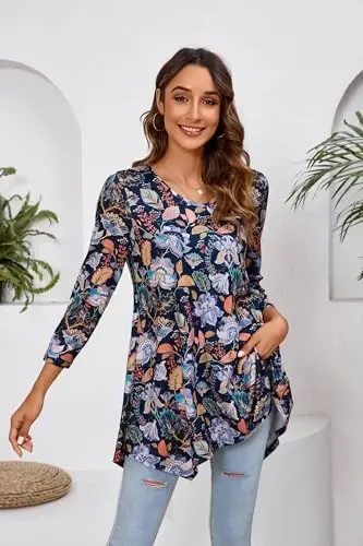 ENMAIN Tunic Tops for Women 3/4 Sleeve Plus Size Women's Tunics Loose Fit Floral Swing Flare Ladies Blouse for Leggings - 3