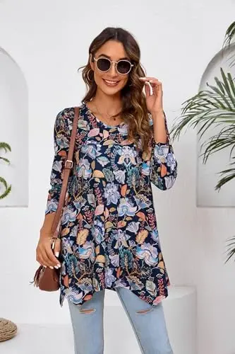 ENMAIN Tunic Tops for Women 3/4 Sleeve Plus Size Women's Tunics Loose Fit Floral Swing Flare Ladies Blouse for Leggings - 5