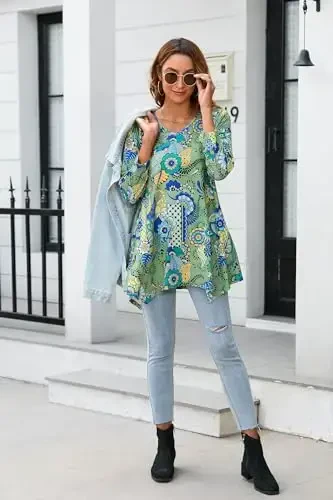 ENMAIN Tunic Tops for Women 3/4 Sleeve Plus Size Women's Tunics Loose Fit Floral Swing Flare Ladies Blouse for Leggings - 6