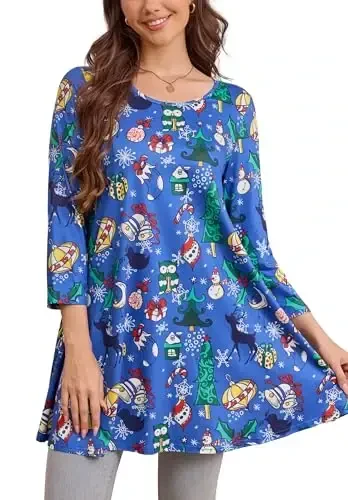 ENMAIN Tunic Tops for Women 3/4 Sleeve Plus Size Women's Tunics Loose Fit Floral Swing Flare Ladies Blouse for Leggings 