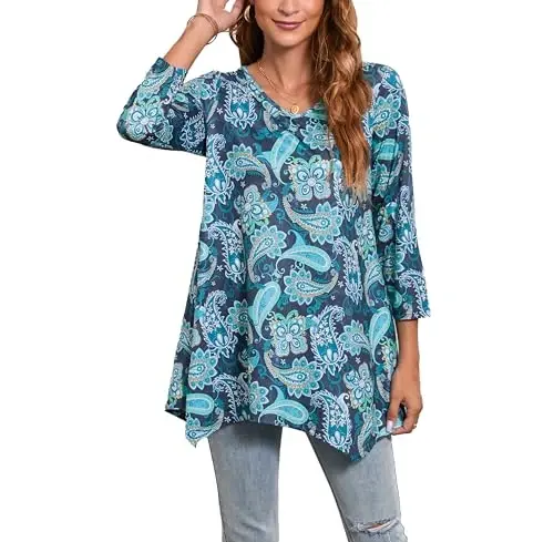 ENMAIN Tunic Tops for Women 3/4 Sleeve Plus Size Women's Tunics Loose Fit Floral Swing Flare Ladies Blouse for Leggings - ENMAIN