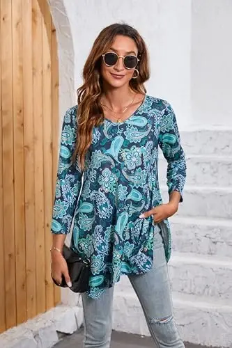 ENMAIN Tunic Tops for Women 3/4 Sleeve Plus Size Women's Tunics Loose Fit Floral Swing Flare Ladies Blouse for Leggings - 4