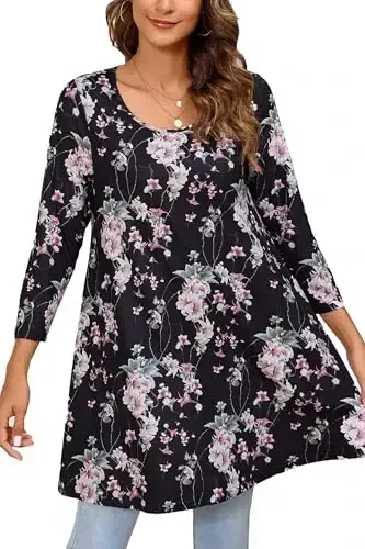 ENMAIN Tunic Tops for Women 3/4 Sleeve Plus Size Women's Tunics Loose Fit Floral Swing Flare Ladies Blouse for Leggings 