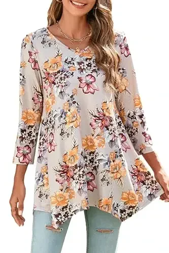 ENMAIN Tunic Tops for Women 3/4 Sleeve Plus Size Women's Tunics Loose Fit Floral Swing Flare Ladies Blouse for Leggings - ENMAIN