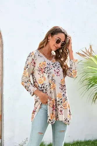 ENMAIN Tunic Tops for Women 3/4 Sleeve Plus Size Women's Tunics Loose Fit Floral Swing Flare Ladies Blouse for Leggings - 4