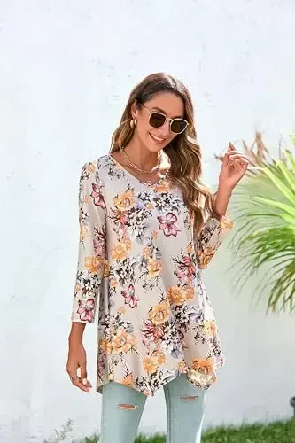 ENMAIN Tunic Tops for Women 3/4 Sleeve Plus Size Women's Tunics Loose Fit Floral Swing Flare Ladies Blouse for Leggings - 5