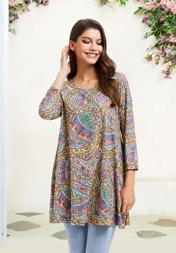 ENMAIN Tunic Tops for Women 3/4 Sleeve Plus Size Women's Tunics Loose Fit Floral Swing Flare Ladies Blouse for Leggings - 3
