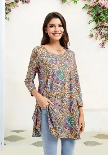ENMAIN Tunic Tops for Women 3/4 Sleeve Plus Size Women's Tunics Loose Fit Floral Swing Flare Ladies Blouse for Leggings - 4