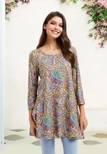 ENMAIN Tunic Tops for Women 3/4 Sleeve Plus Size Women's Tunics Loose Fit Floral Swing Flare Ladies Blouse for Leggings - 5