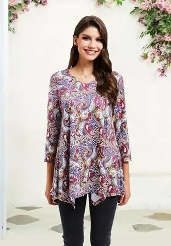 ENMAIN Tunic Tops for Women 3/4 Sleeve Plus Size Women's Tunics Loose Fit Floral Swing Flare Ladies Blouse for Leggings - 3