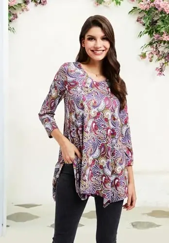 ENMAIN Tunic Tops for Women 3/4 Sleeve Plus Size Women's Tunics Loose Fit Floral Swing Flare Ladies Blouse for Leggings - 5