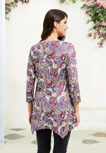 ENMAIN Tunic Tops for Women 3/4 Sleeve Plus Size Women's Tunics Loose Fit Floral Swing Flare Ladies Blouse for Leggings - 2