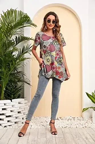 ENMAIN Tunic Tops for Women Plus Size Short Sleeve Top Loose Fit Dressy Casual Swing Summer Tunics Tops to Wear with Leggings - 6