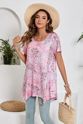 ENMAIN Tunic Tops for Women Plus Size Short Sleeve Top Loose Fit Dressy Casual Swing Summer Tunics Tops to Wear with Leggings - 5