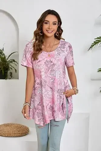 ENMAIN Tunic Tops for Women Plus Size Short Sleeve Top Loose Fit Dressy Casual Swing Summer Tunics Tops to Wear with Leggings - 2