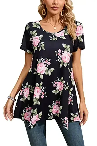 ENMAIN Tunic Tops for Women Plus Size Short Sleeve Top Loose Fit Dressy Casual Swing Summer Tunics Tops to Wear with Leggings - 1
