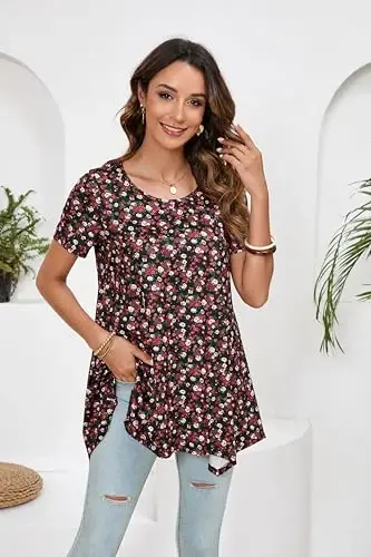 ENMAIN Tunic Tops for Women Plus Size Short Sleeve Top Loose Fit Dressy Casual Swing Summer Tunics Tops to Wear with Leggings - 2