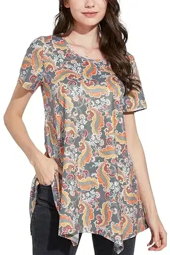 ENMAIN Tunic Tops for Women Plus Size Short Sleeve Top Loose Fit Dressy Casual Swing Summer Tunics Tops to Wear with Leggings 