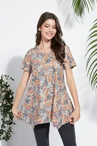 ENMAIN Tunic Tops for Women Plus Size Short Sleeve Top Loose Fit Dressy Casual Swing Summer Tunics Tops to Wear with Leggings - 2