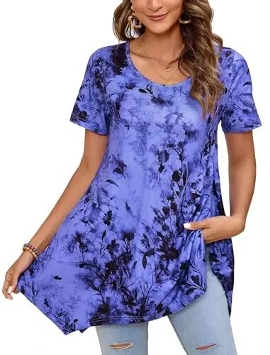 ENMAIN Tunic Tops for Women Plus Size Short Sleeve Top Loose Fit Dressy Casual Swing Summer Tunics Tops to Wear with Leggings 