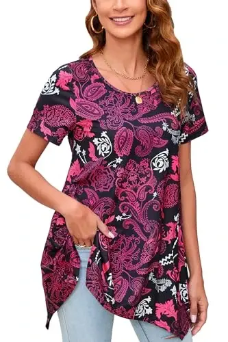 ENMAIN Tunic Tops for Women Plus Size Short Sleeve Top Loose Fit Dressy Casual Swing Summer Tunics Tops to Wear with Leggings - MODAZONE