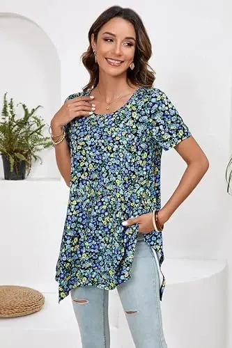 ENMAIN Tunic Tops for Women Plus Size Short Sleeve Top Loose Fit Dressy Casual Swing Summer Tunics Tops to Wear with Leggings - 5