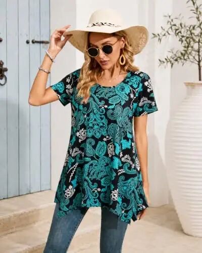 ENMAIN Tunic Tops for Women Plus Size Short Sleeve Top Loose Fit Dressy Casual Swing Summer Tunics Tops to Wear with Leggings 
