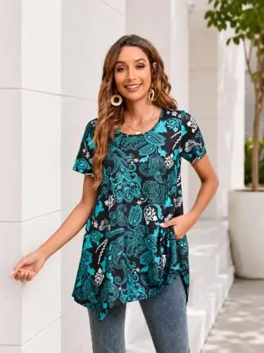 ENMAIN Tunic Tops for Women Plus Size Short Sleeve Top Loose Fit Dressy Casual Swing Summer Tunics Tops to Wear with Leggings - 2