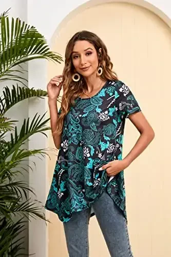 ENMAIN Tunic Tops for Women Plus Size Short Sleeve Top Loose Fit Dressy Casual Swing Summer Tunics Tops to Wear with Leggings - 2