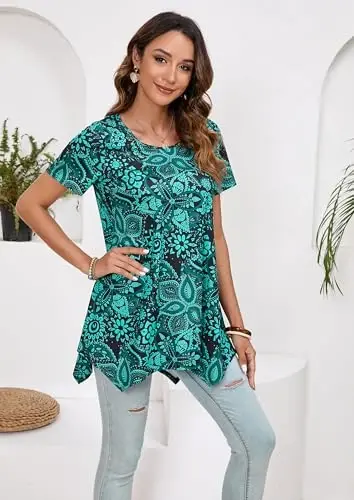 ENMAIN Tunic Tops for Women Plus Size Short Sleeve Top Loose Fit Dressy Casual Swing Summer Tunics Tops to Wear with Leggings - 9