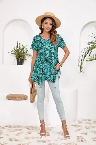 ENMAIN Tunic Tops for Women Plus Size Short Sleeve Top Loose Fit Dressy Casual Swing Summer Tunics Tops to Wear with Leggings - 12